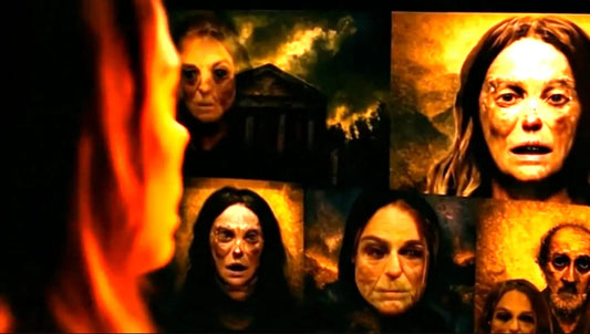 Collage of eerie, aged female portraits with decayed skin against a dark, fiery background