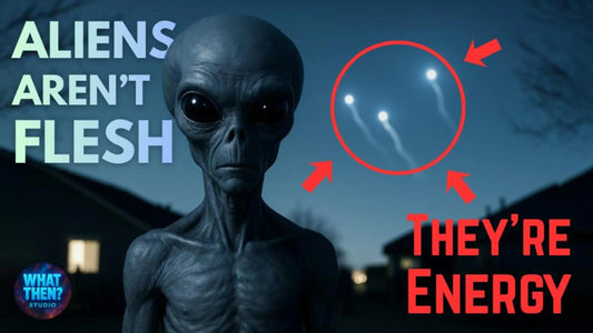 Gray alien figure with large black eyes at night and glowing orbs circled in red with text about aliens not being flesh