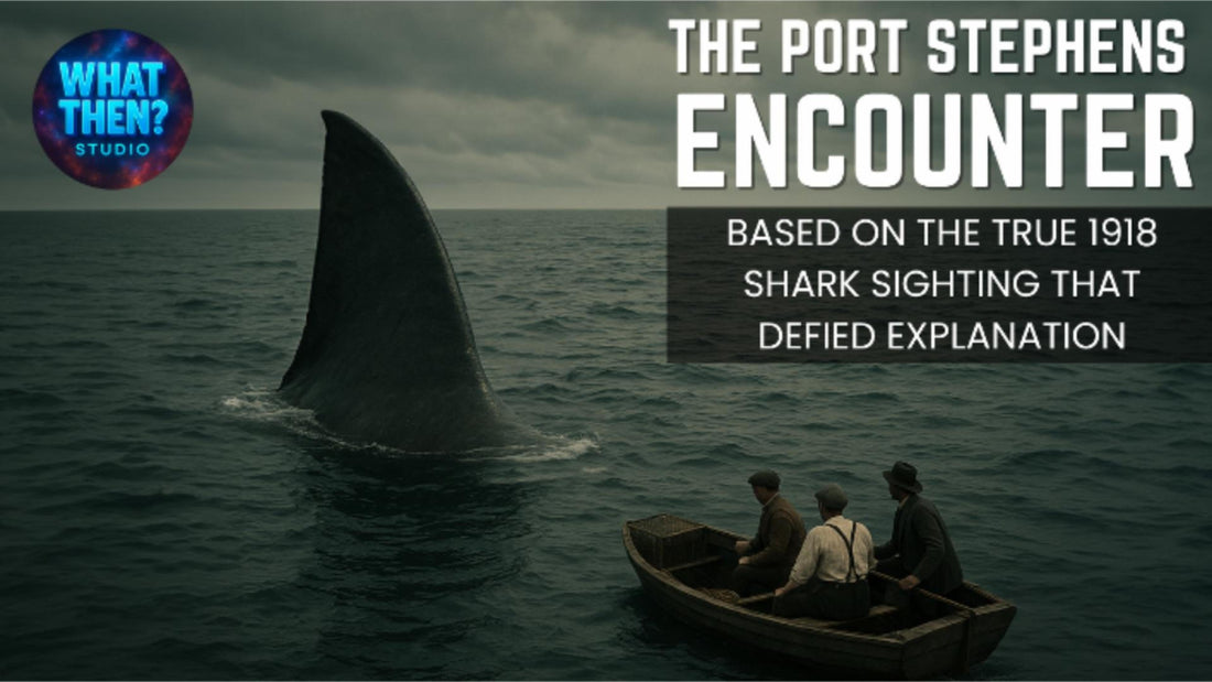 Cinematic shot of fishermen spotting a massive shark fin breaking the ocean’s surface at sunset — scene from What Then? Studio short rendered in VEO-3.1.