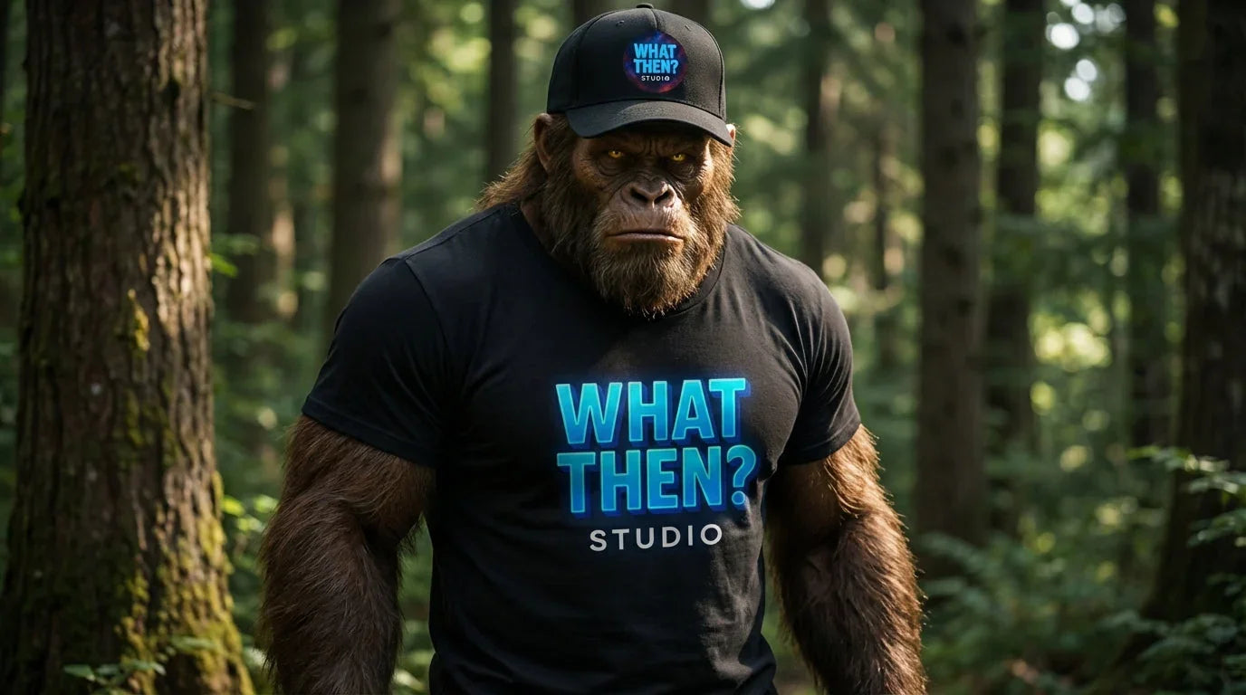 a bigfoot wearing a black What Then Studio T-Shirt and wearing a  What Then Studio logo ball cap