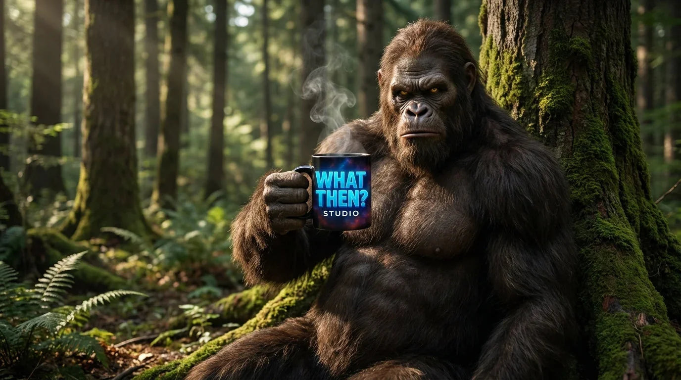 Bigfoot holding a What Then? Studio Coffee Mug
