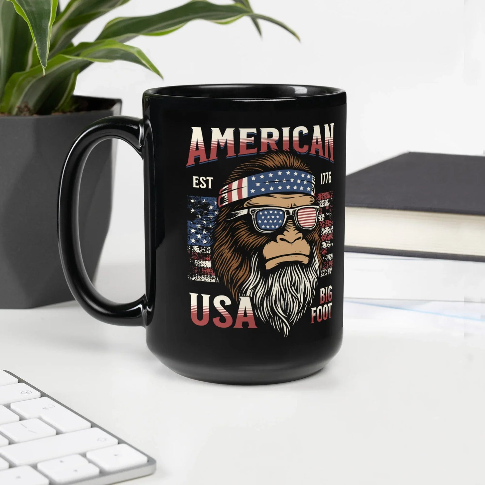 American USA Bigfoot 1776 Flag Black Glossy Mug | What Then? Studio Mug - What Then Studio