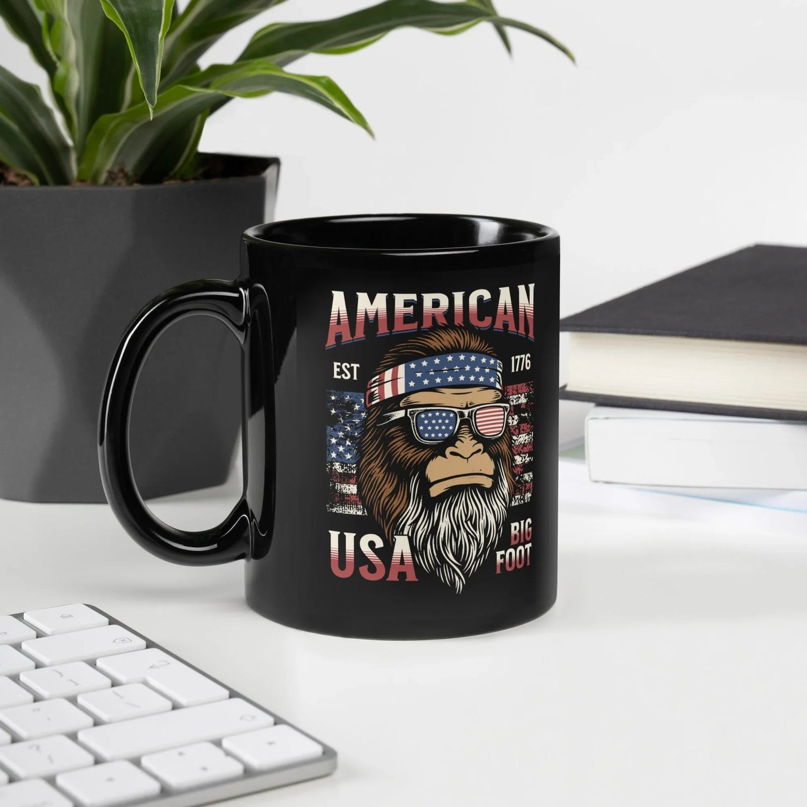 American USA Bigfoot 1776 Flag Black Glossy Mug | What Then? Studio Mug - What Then Studio