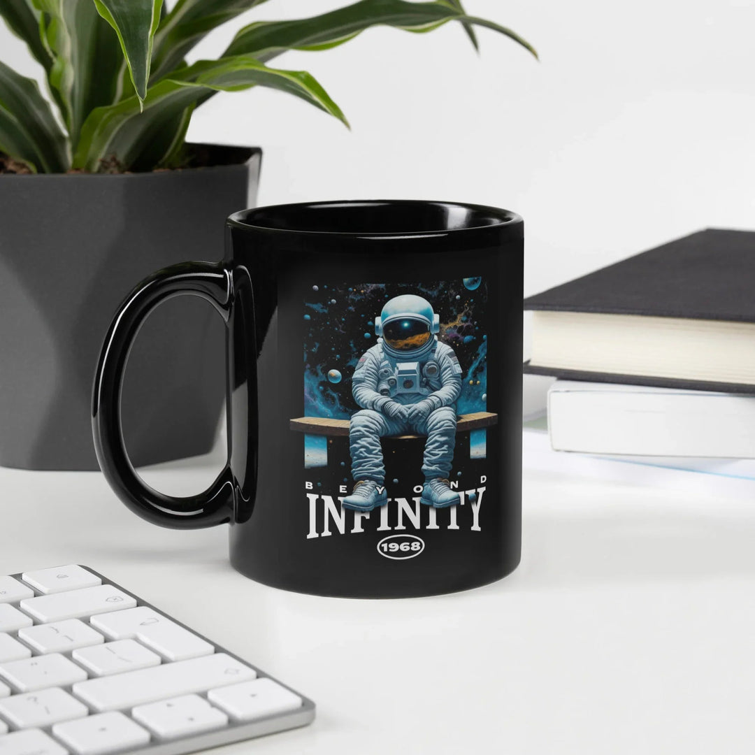 Beyond Infinity Astronaut Black Glossy Mug | What Then? Studio Mug - What Then Studio