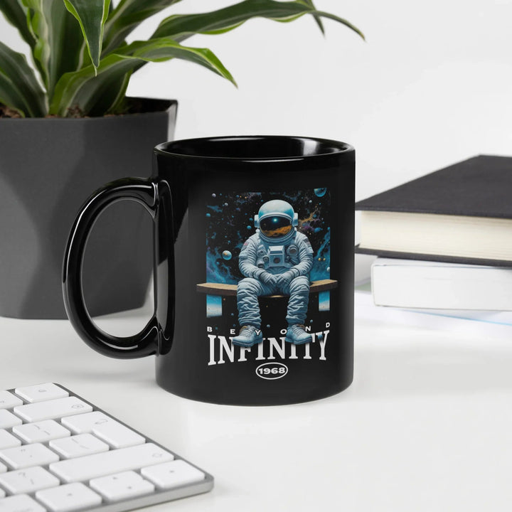 Beyond Infinity Astronaut Black Glossy Mug | What Then? Studio Mug - What Then Studio