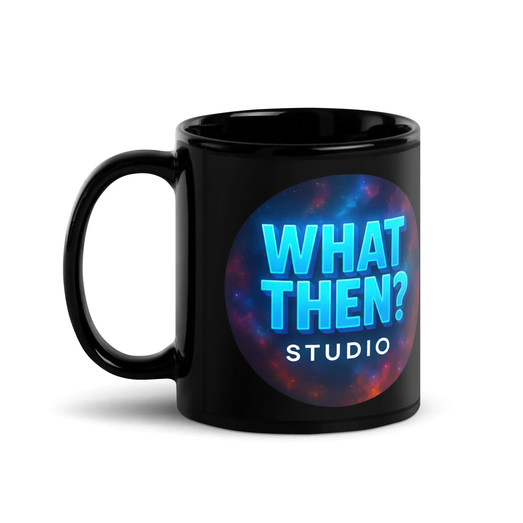 Black glossy mug with 'What Then? Studio' logo and cosmic background, handle on left.