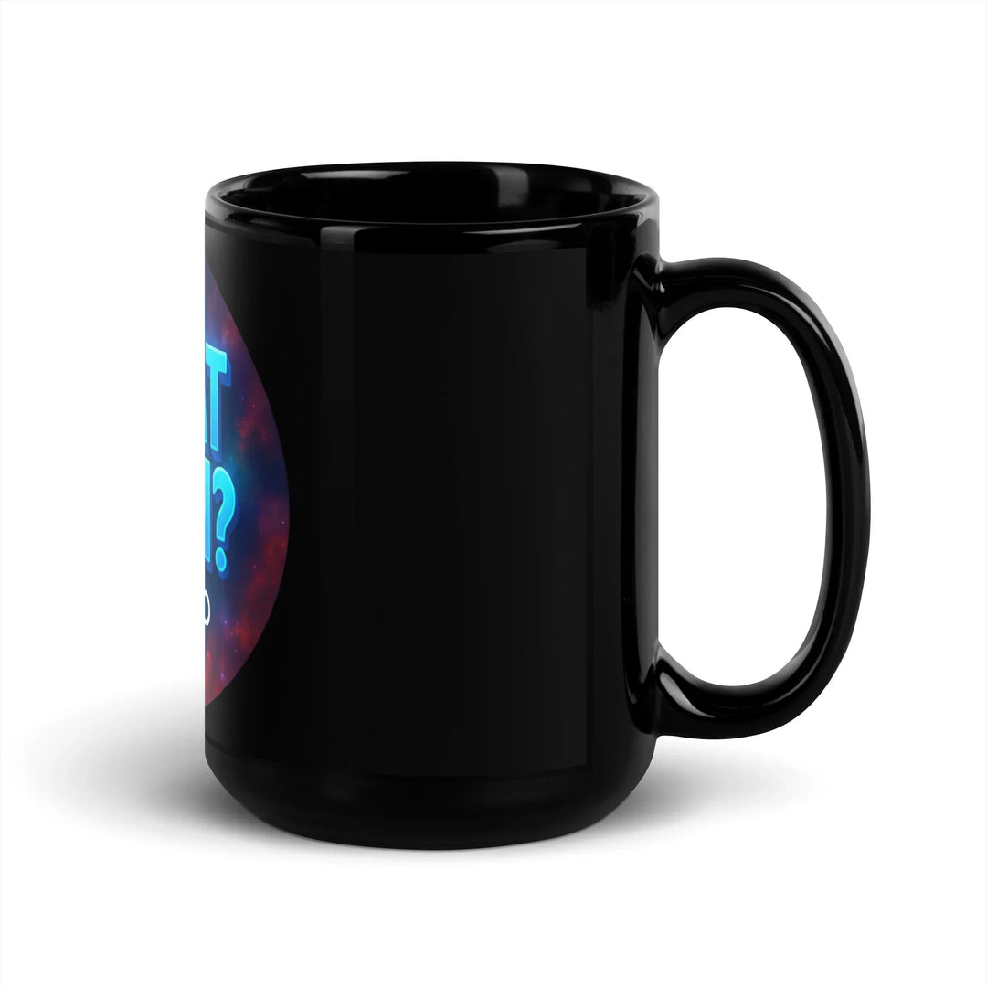 Glossy black ceramic mug with partial sci-fi themed graphic, What Then Studio merchandise