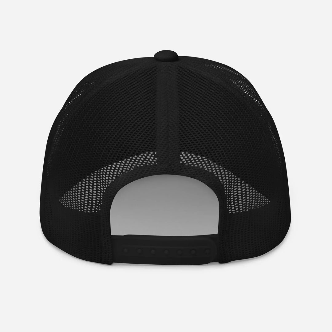 Black mesh retro trucker hat back view with adjustable snap closure, What Then Studio