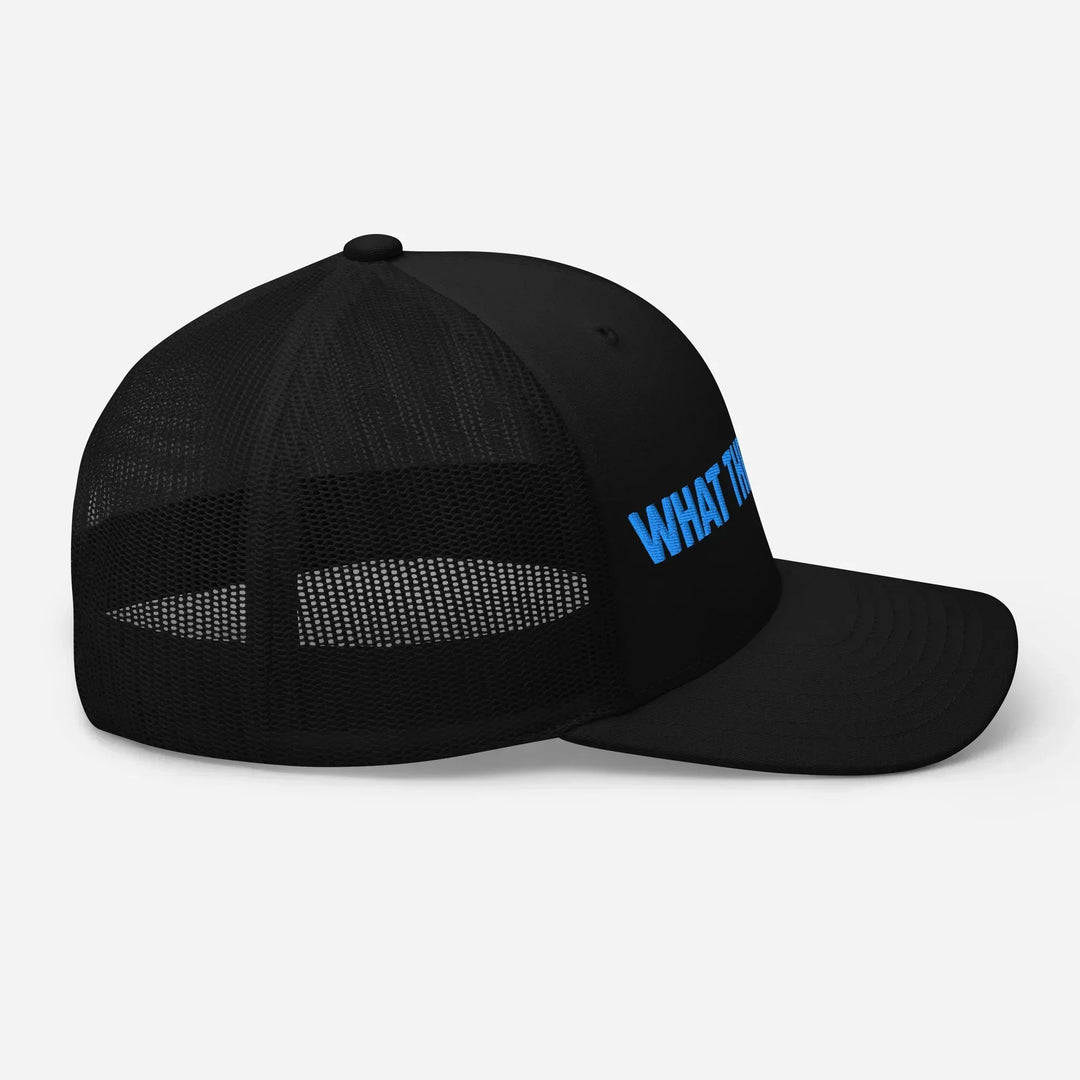 Retro black mesh trucker hat with blue 'What Then' Studio logo on front, side view