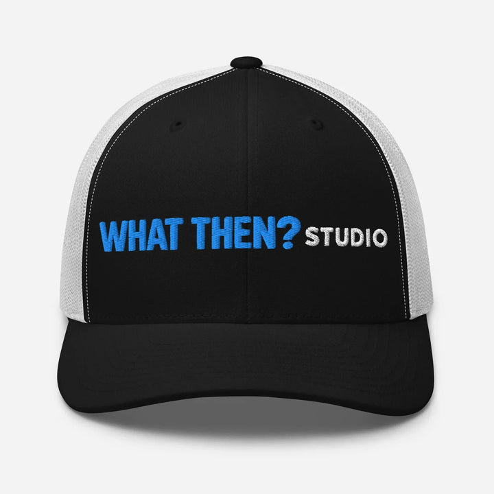 Retro black and white trucker hat with What Then Studio logo on the front.