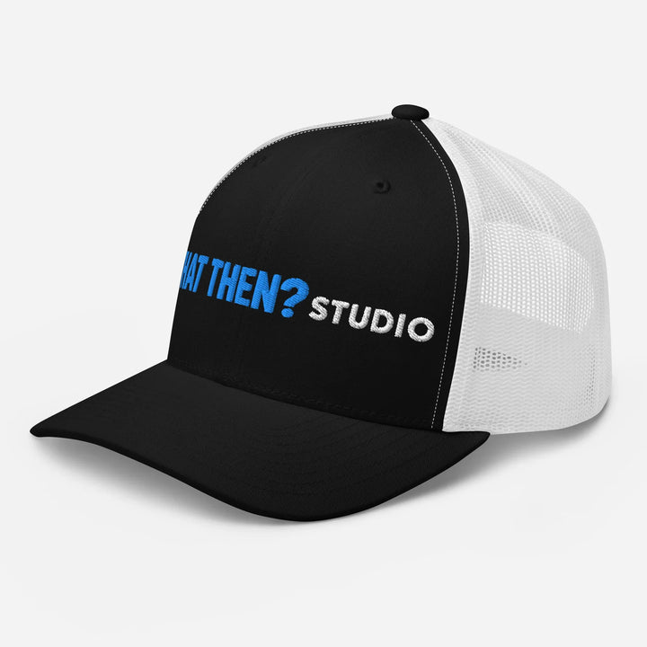 Black and white retro trucker hat with What Then? Studio logo, mesh back, curved brim