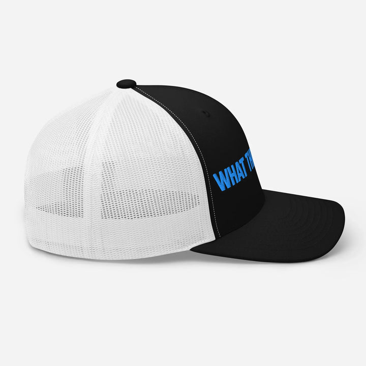 Black and white mesh retro trucker hat with blue 'What Then' text, What Then Studio merch