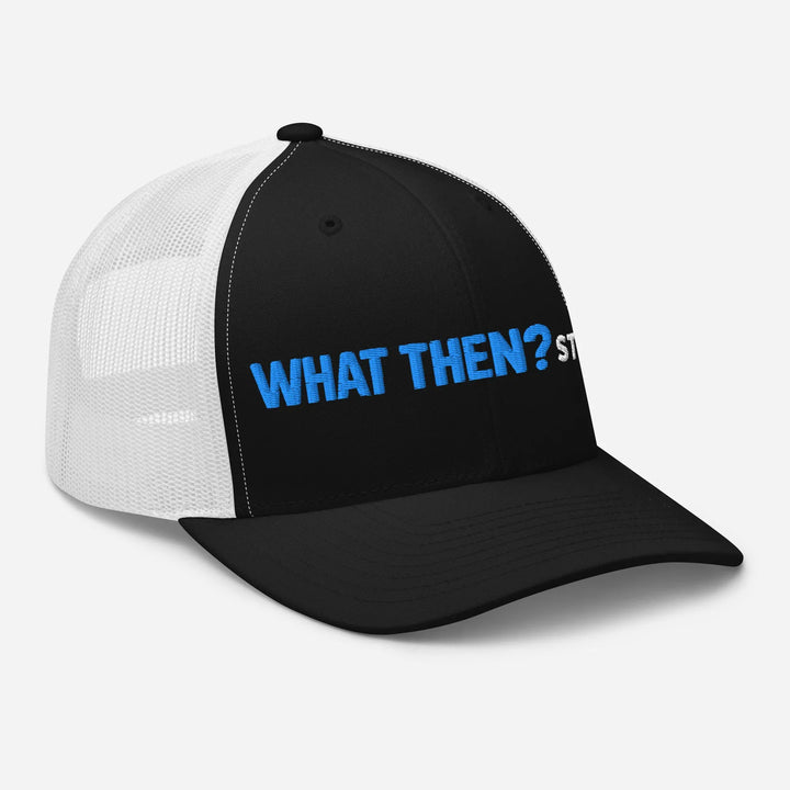 Black and white mesh trucker hat with blue What Then? Studio logo on front