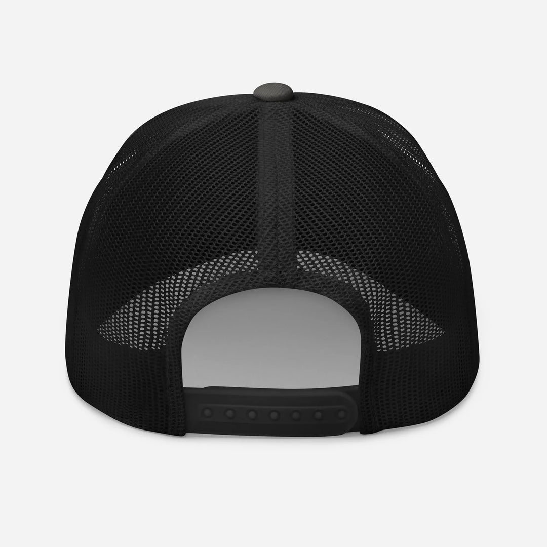 Back view of charcoal black retro trucker hat with mesh panels and adjustable snap closure.