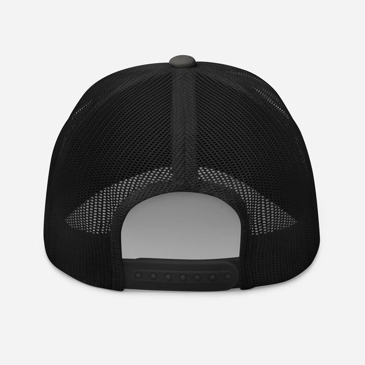 Back view of charcoal black retro trucker hat with mesh panels and adjustable snap closure.