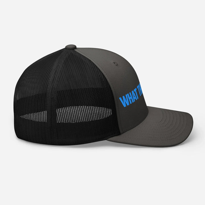 Charcoal black retro trucker hat with blue What Then Studio logo, mesh back