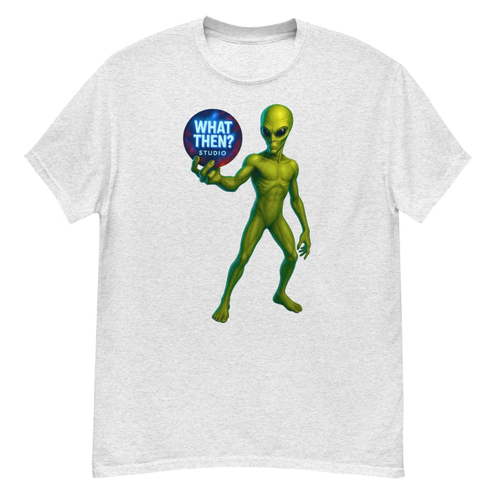Ash unisex t-shirt with green alien holding What Then Studio logo, sci-fi graphic tee