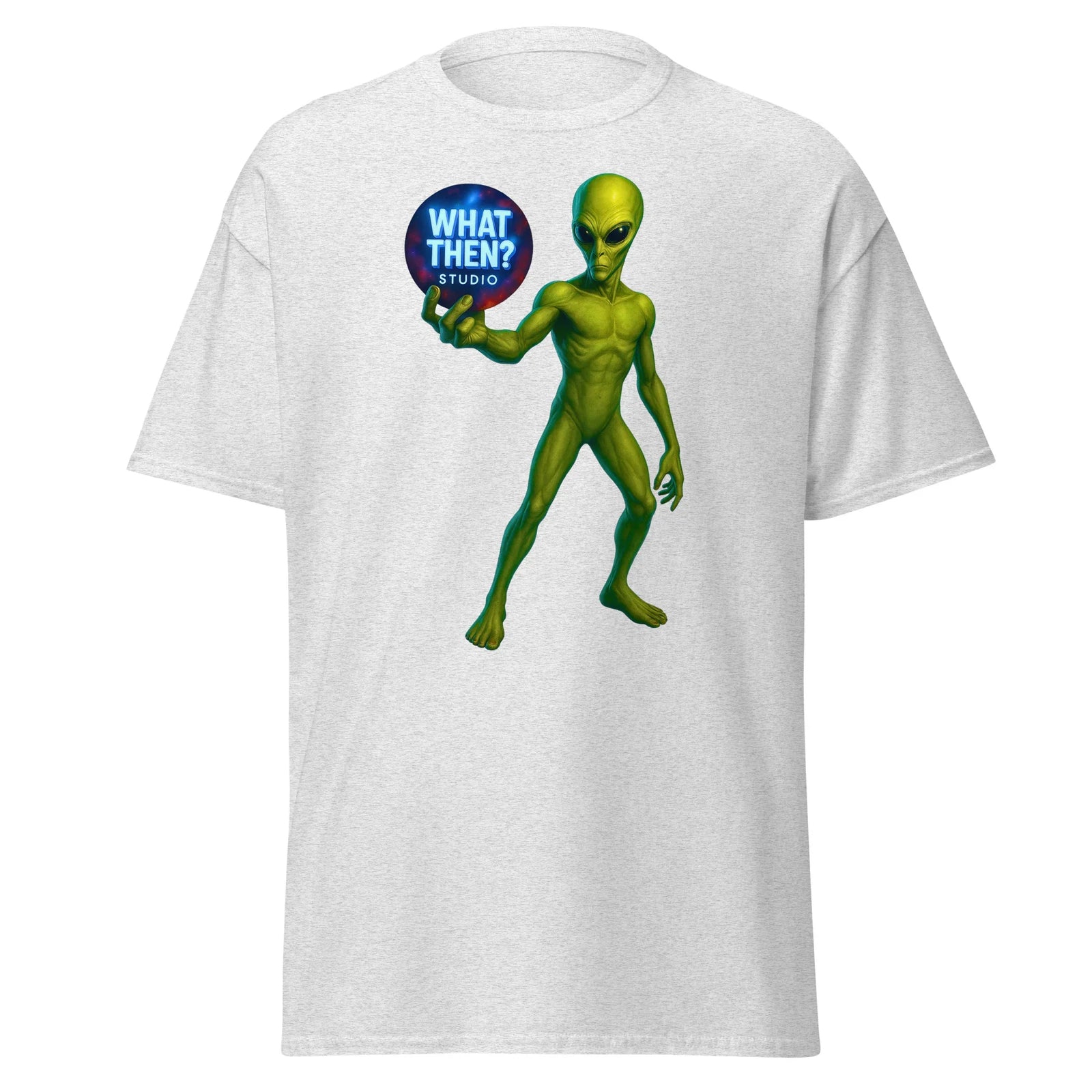 Unisex ash gray t-shirt with green alien holding 'What Then? Studio' logo graphic