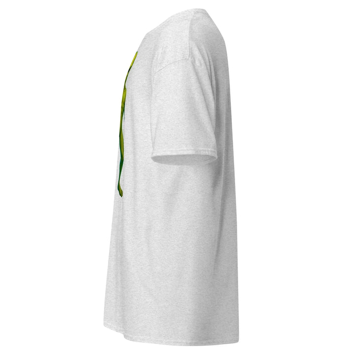 Unisex classic ash tee side view with minimal green-yellow graphic, What Then Studio merch