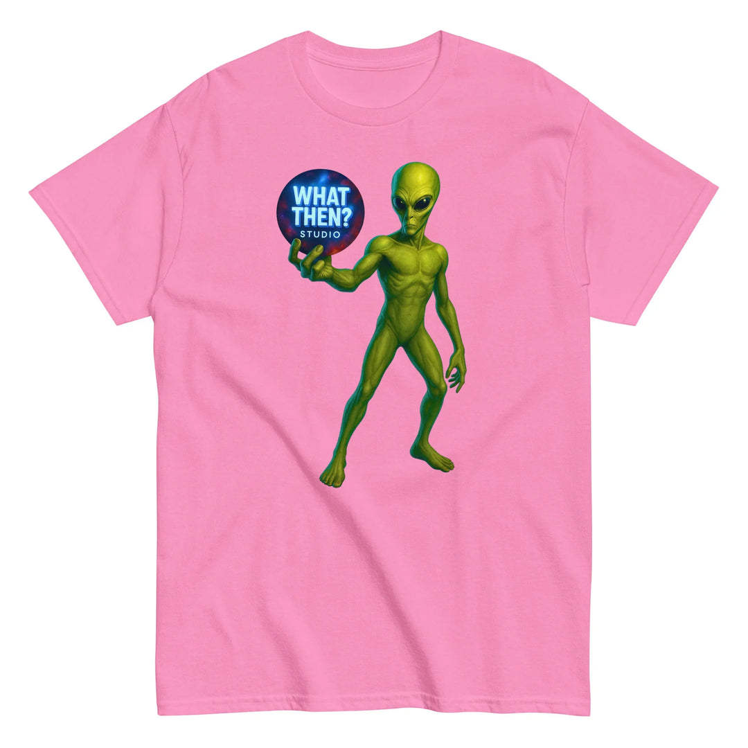 Pink unisex t-shirt with green alien holding 'What Then? Studio' logo, sci-fi design