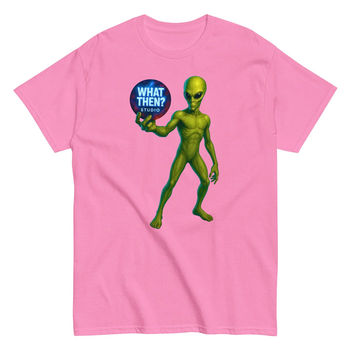 Pink unisex t-shirt with green alien holding 'What Then? Studio' logo, sci-fi design