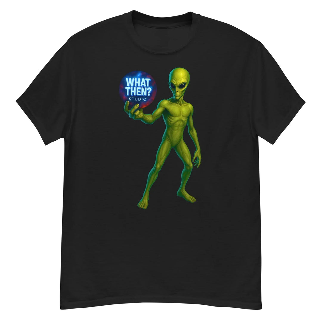 Black unisex t-shirt with green alien holding 'What Then? Studio' orb graphic