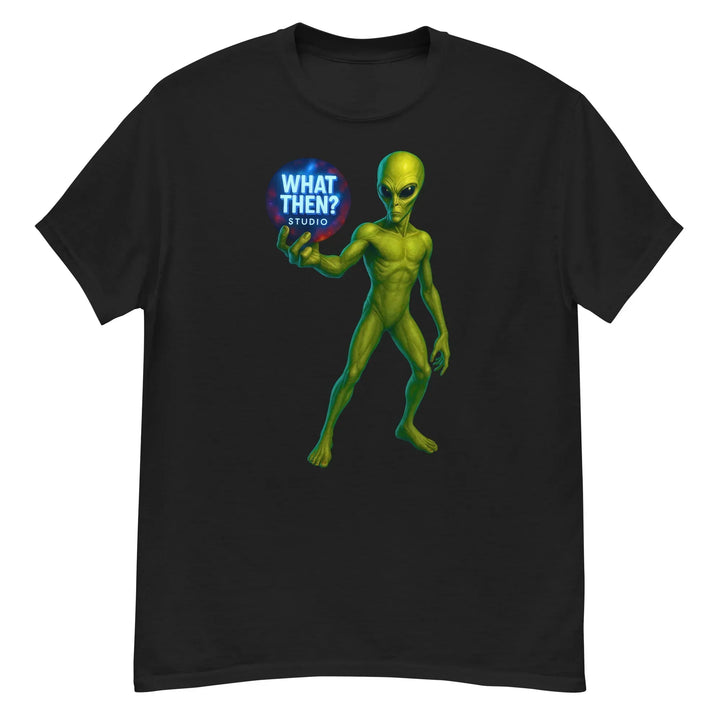 Black unisex t-shirt with green alien holding 'What Then? Studio' orb graphic