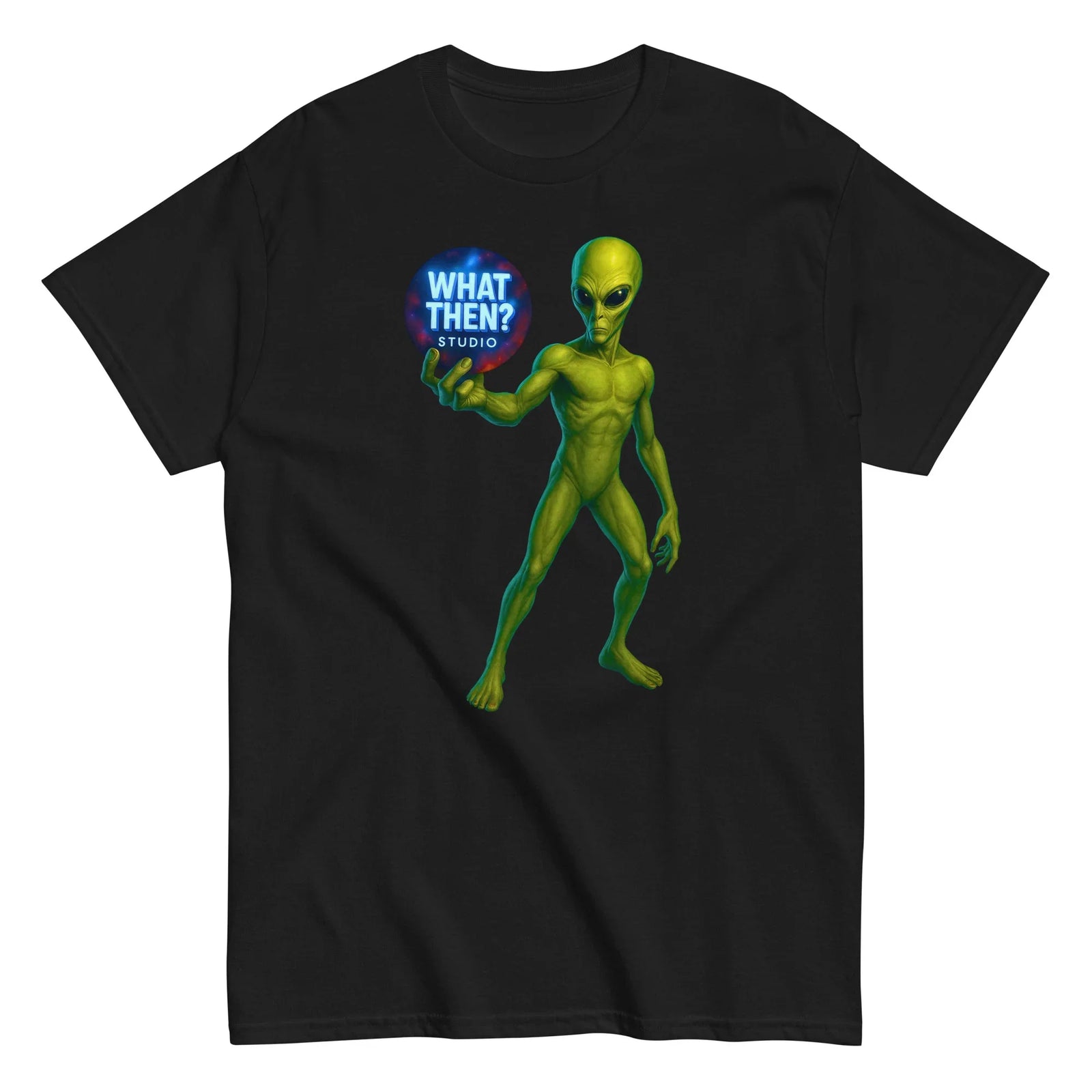 Black unisex t-shirt with green alien holding 'What Then? Studio' glowing orb graphic