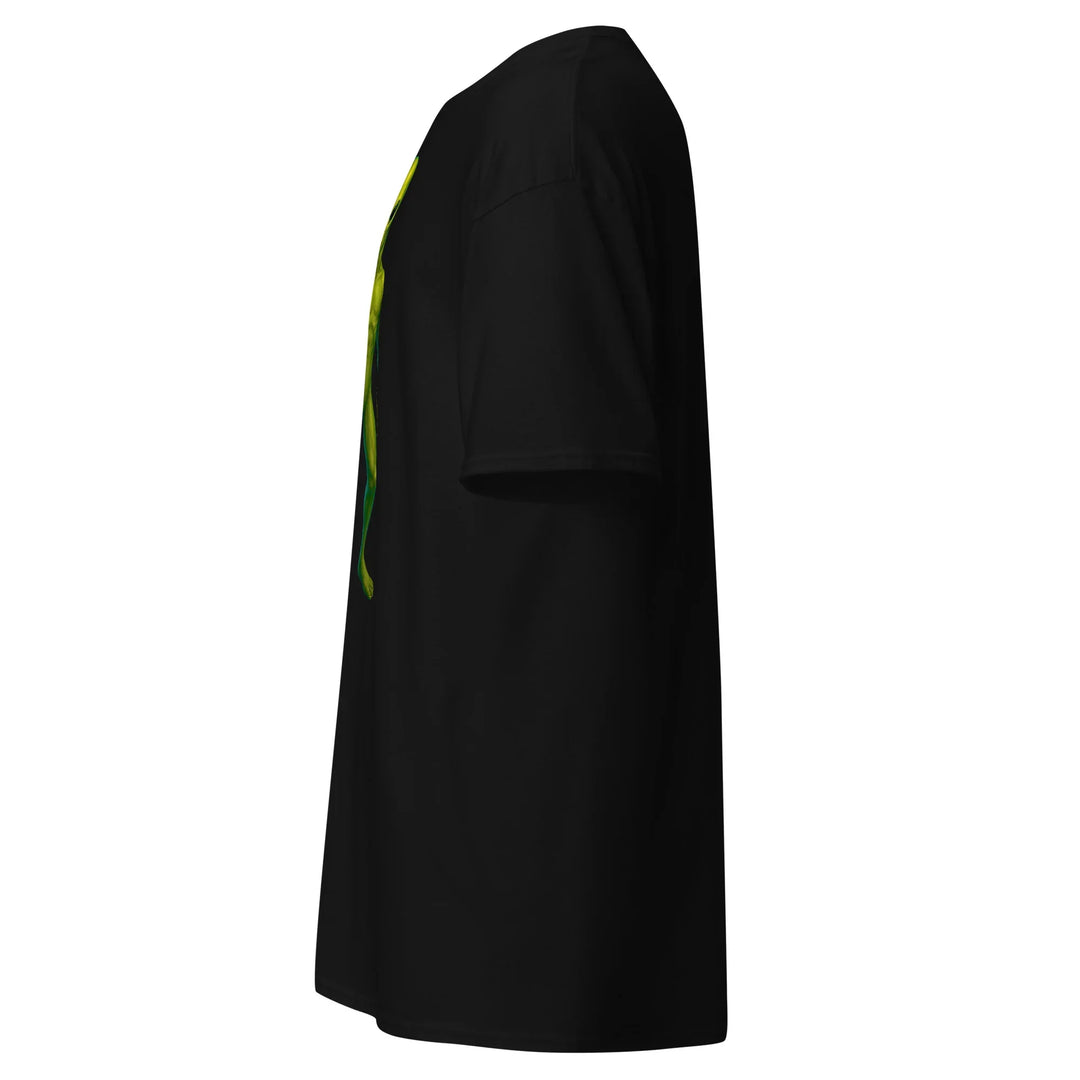 Unisex classic black tee side view with subtle green and yellow graphic, What Then Studio apparel