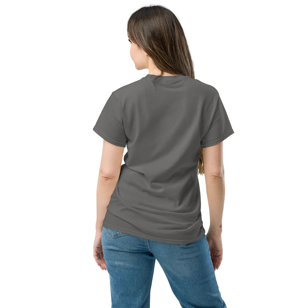 Woman wearing charcoal unisex classic tee, back view, What Then Studio apparel