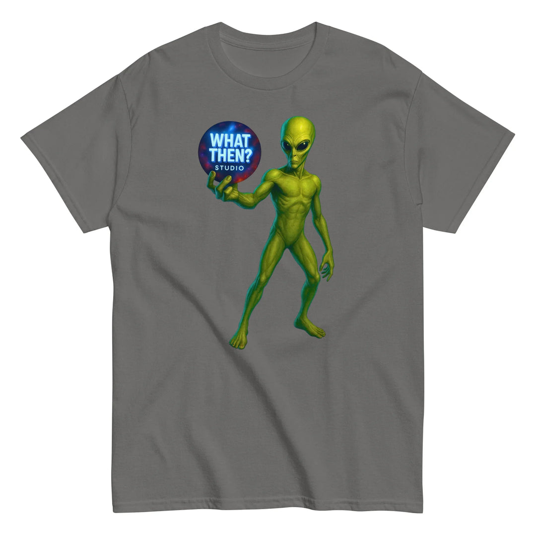Charcoal unisex t-shirt with green alien holding What Then Studio sci-fi logo orb