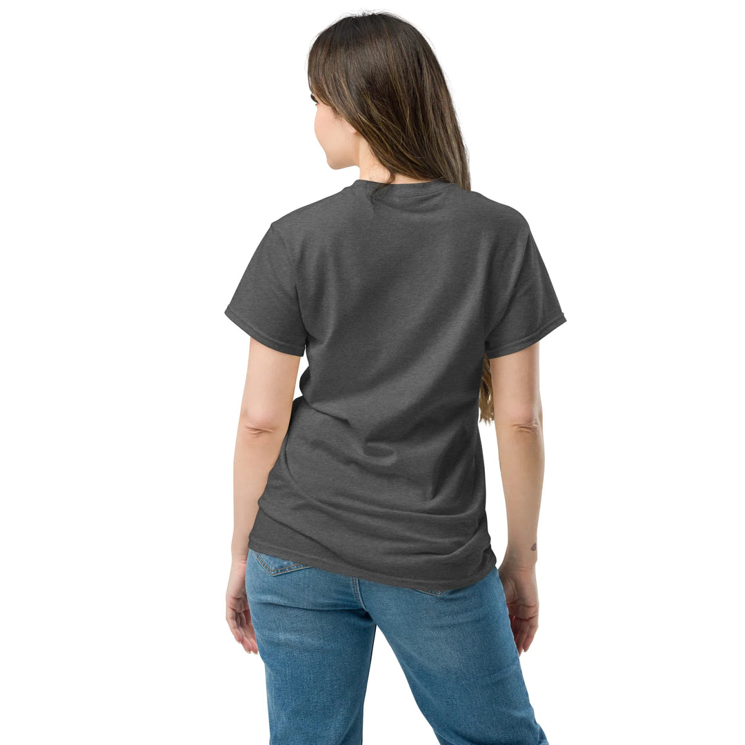 Back view of woman in dark heather unisex classic tee and jeans, What Then Studio apparel