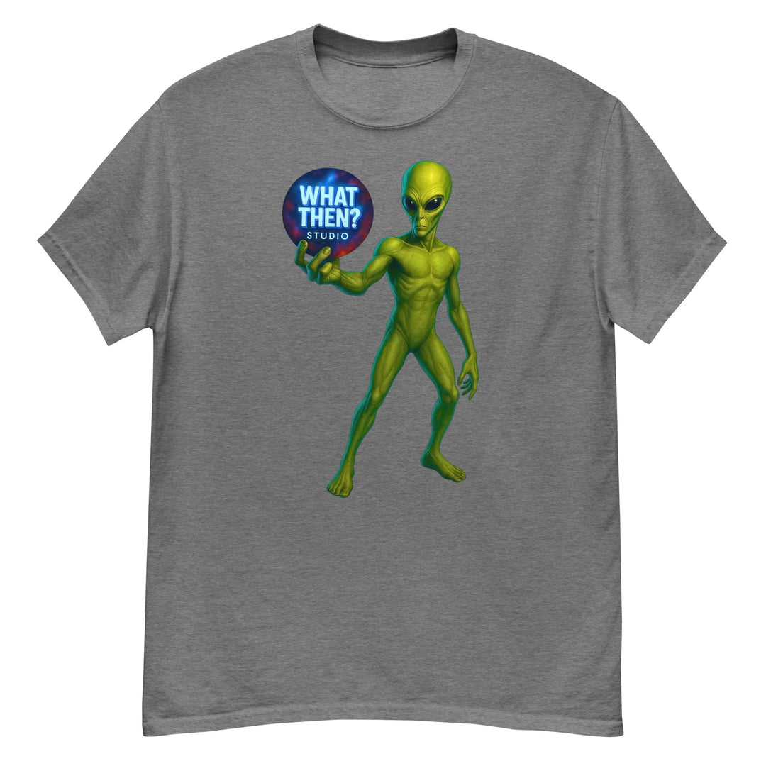 Graphite heather unisex tee with green alien holding 'What Then? Studio' logo orb
