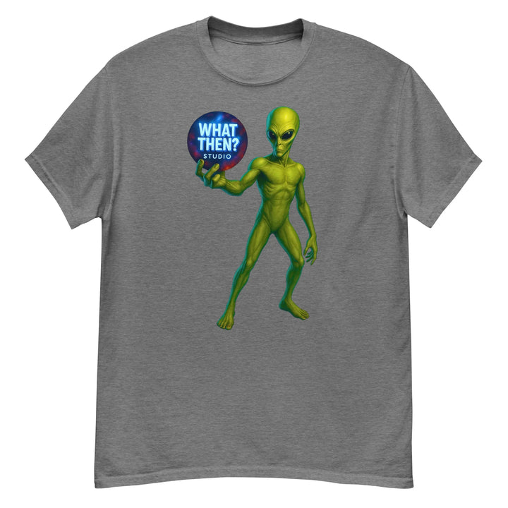 Graphite heather unisex tee with green alien holding 'What Then? Studio' logo orb