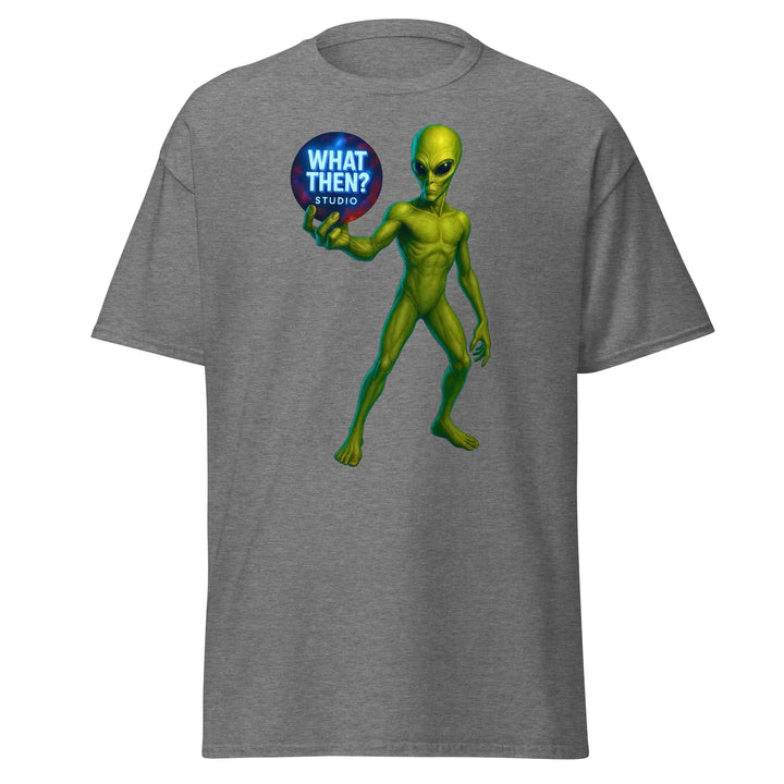 Graphite heather unisex t-shirt with green alien holding 'What Then? Studio' logo bubble