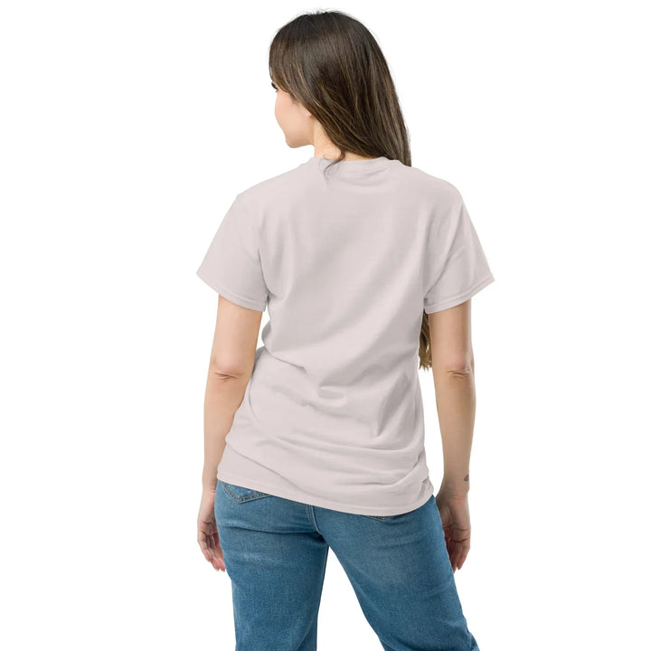 Unisex classic ice grey t-shirt back view on model, What Then Studio apparel