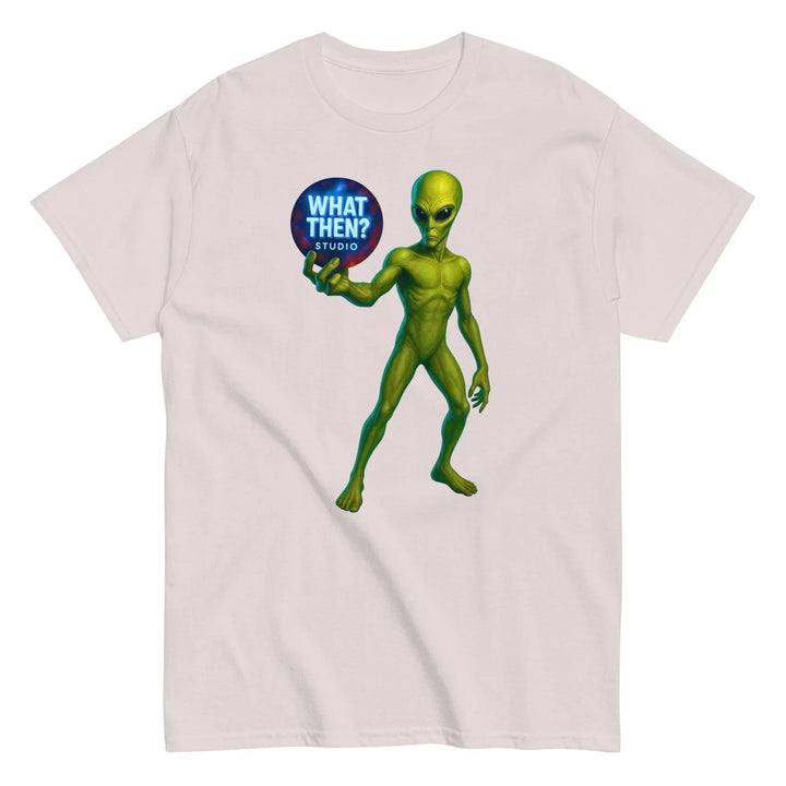 Ice grey unisex tee with green alien holding What Then Studio logo orb, sci-fi design