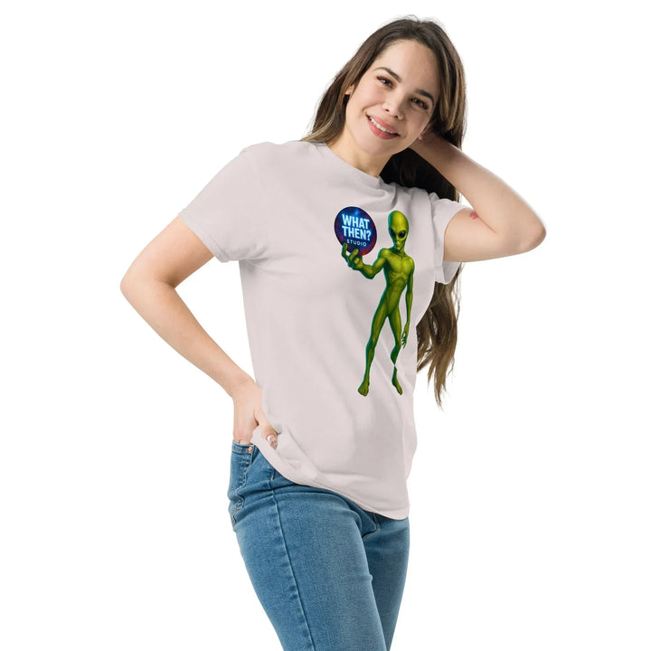Woman modeling ice grey unisex tee with green alien and 'What Then? Studio' logo print