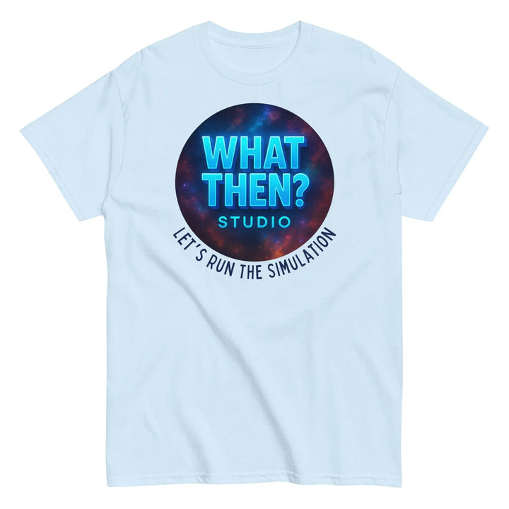 Light blue unisex What Then Studio t-shirt with sci-fi simulation graphic and dark galaxy circle.