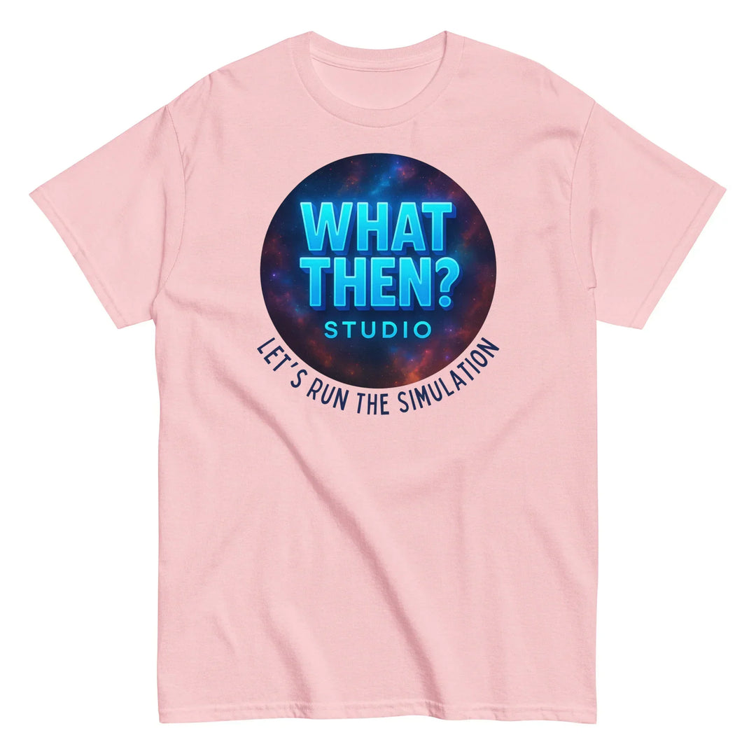 Light pink unisex t-shirt with What Then Studio logo and 'Let's Run the Simulation' text