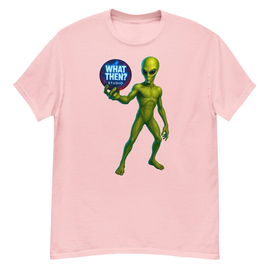 Light pink unisex t-shirt featuring green alien holding 'What Then? Studio' logo
