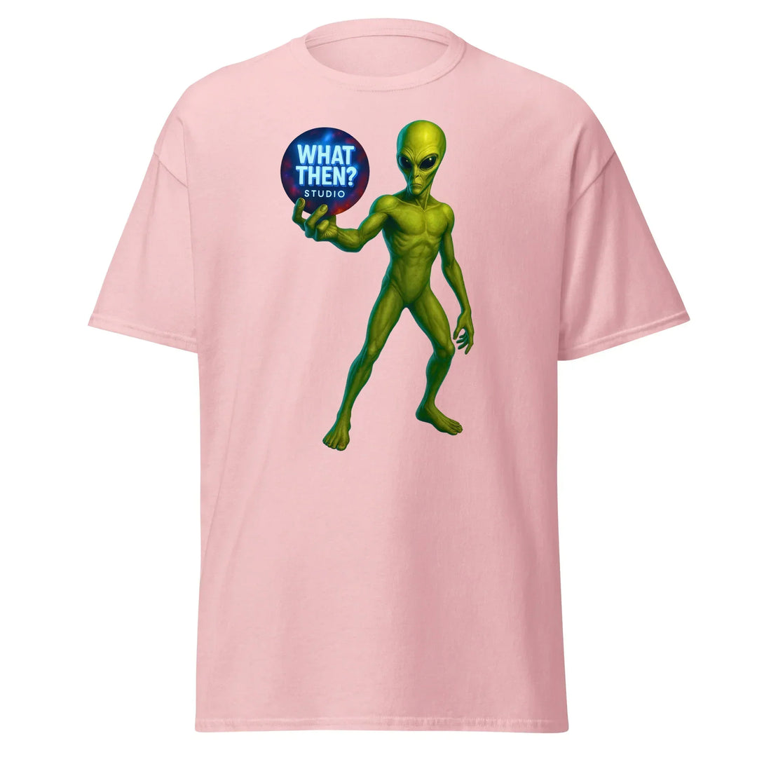 Light pink unisex t-shirt with green alien holding 'What Then? Studio' logo, sci-fi apparel