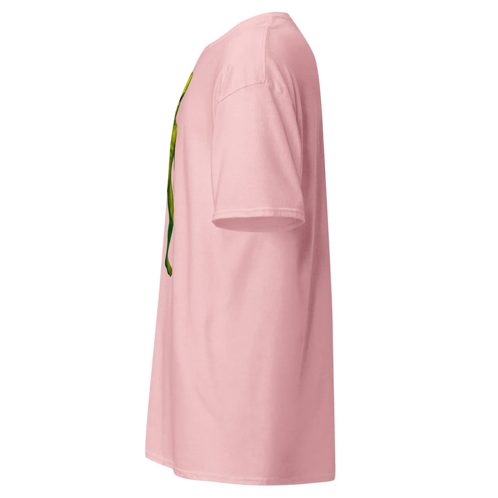 Light pink unisex classic t-shirt side view with partial green graphic, What Then Studio apparel