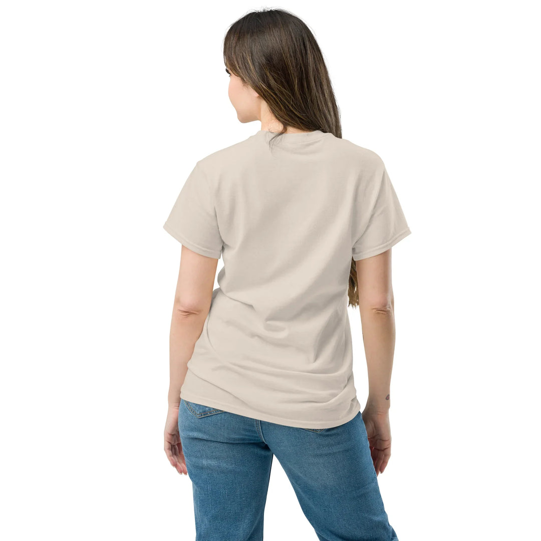 Back view of unisex classic natural tee from What Then Studio, worn with blue jeans