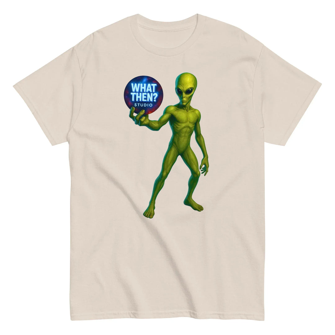 Natural unisex t-shirt with green alien holding 'What Then? Studio' logo, sci-fi design