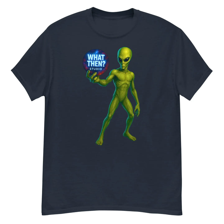 Navy unisex t-shirt with green alien holding 'What Then? Studio' logo, sci-fi themed apparel