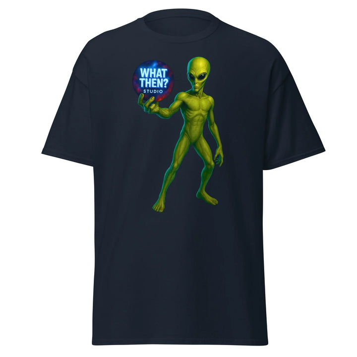 Navy unisex t-shirt with green alien holding 'What Then? Studio' logo graphic