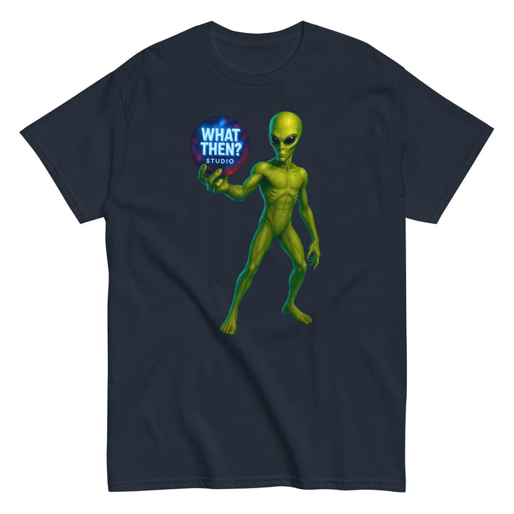 Navy t-shirt with green alien holding a glowing "What Then Studio" orb graphic