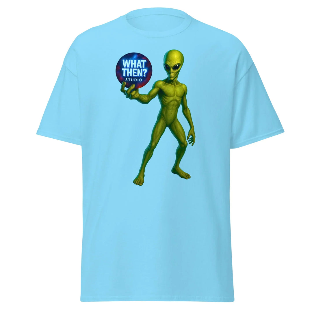 Sky blue unisex t-shirt featuring a green alien holding a What Then? Studio logo sphere