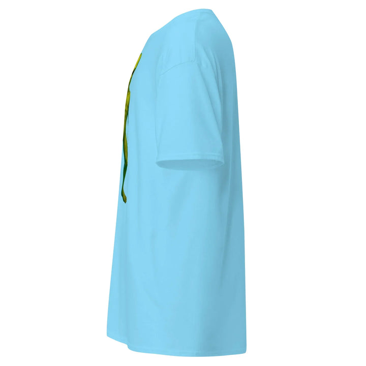 Sky blue unisex classic tee side view, What Then Studio apparel with graphic detail